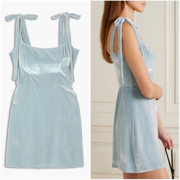 Reformation Minna Velvet Mini Sun Dress in Blue Turquoise 2 Sundress - Picture 2 of 9